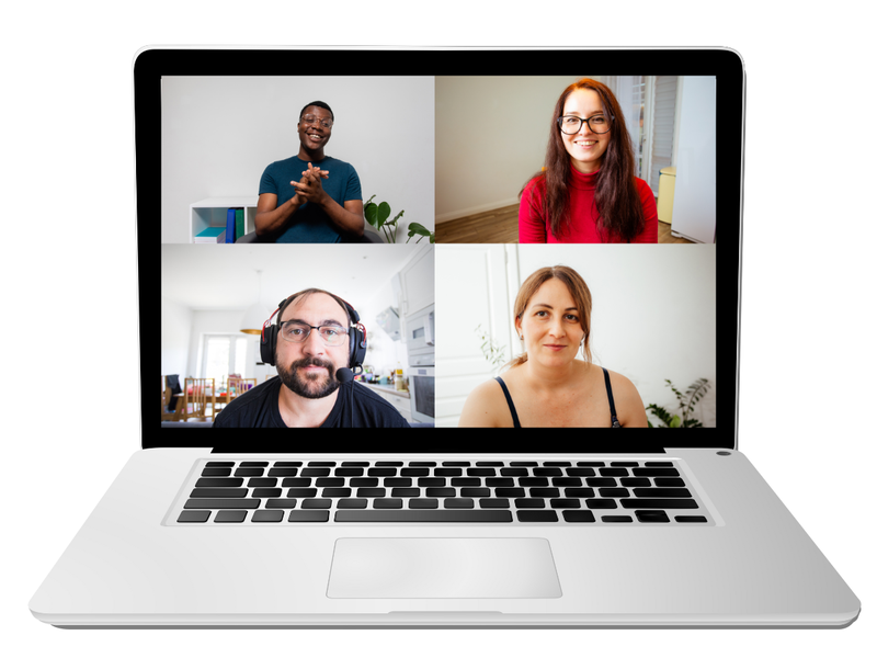 A laptop showing four people on a live group coaching call